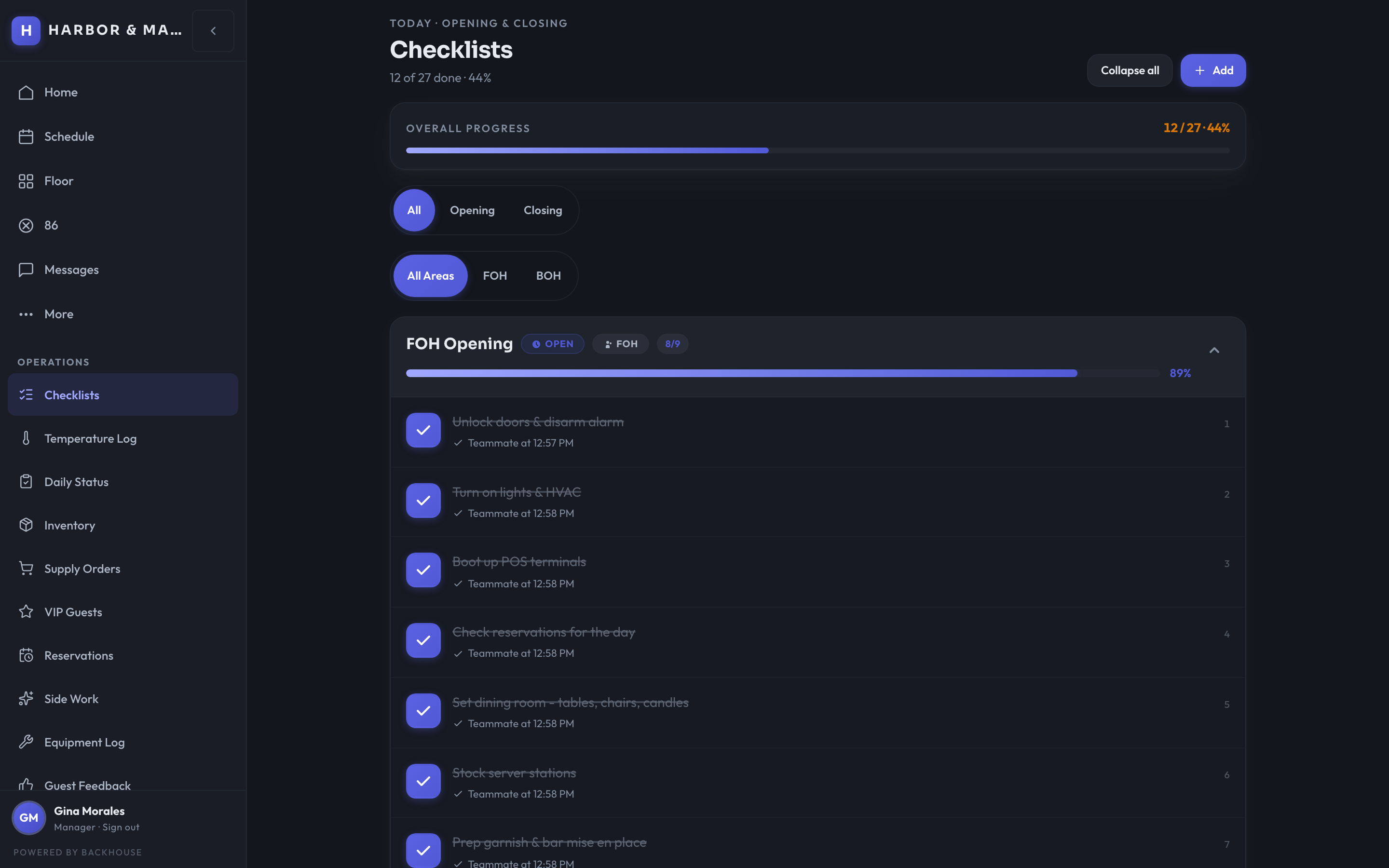 Opening checklist with completion accountability